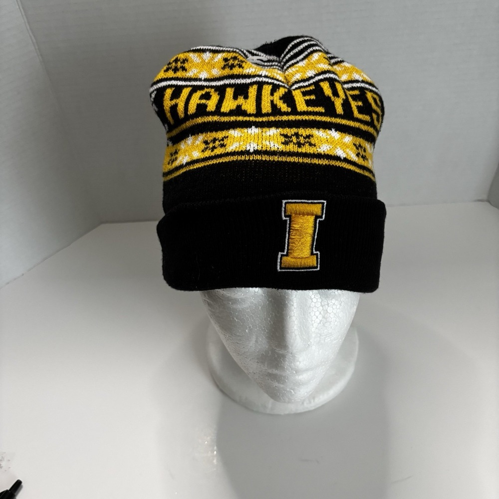 Iowa‎ Hawkeyes Beanie Black Yellow Embroidered Logo Front Back Knit Warm - Picture 2 of 4